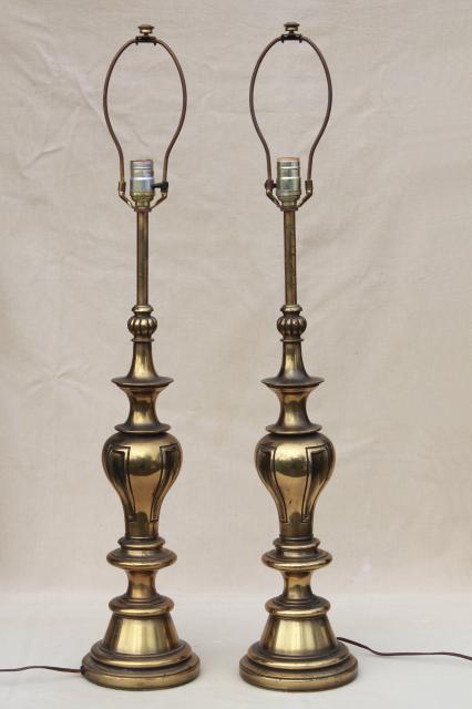 photo of vintage solid brass Stiffel lamps, pair of tall table lamps w/ three way switch #3