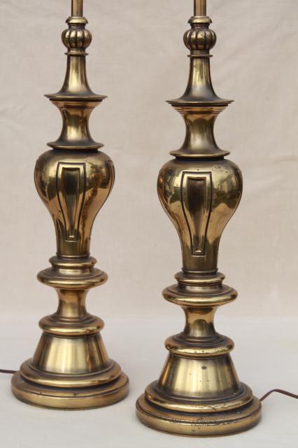 photo of vintage solid brass Stiffel lamps, pair of tall table lamps w/ three way switch #5