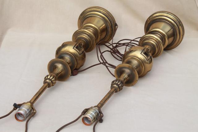 photo of vintage solid brass Stiffel lamps, pair of tall table lamps w/ three way switch #9