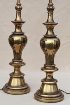 catalog photo of vintage solid brass Stiffel lamps, pair of tall table lamps w/ three way switch