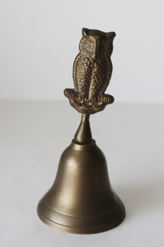 photo of vintage solid brass bell, small crooked owl figural handle witchy bohemian decor  #1