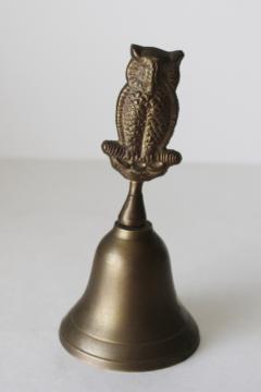 catalog photo of vintage solid brass bell, small crooked owl figural handle witchy bohemian decor 
