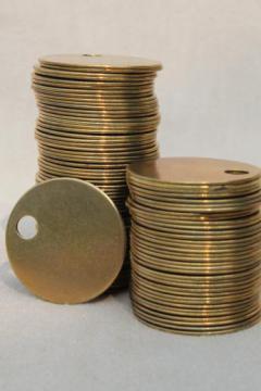 catalog photo of vintage solid brass blank tags, plain blanks for engraving or marking, locker tag markers