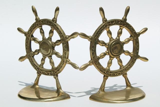 photo of vintage solid brass book ends, nautical marine ships wheel bookends #1