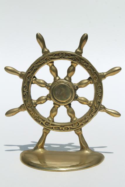 photo of vintage solid brass book ends, nautical marine ships wheel bookends #2