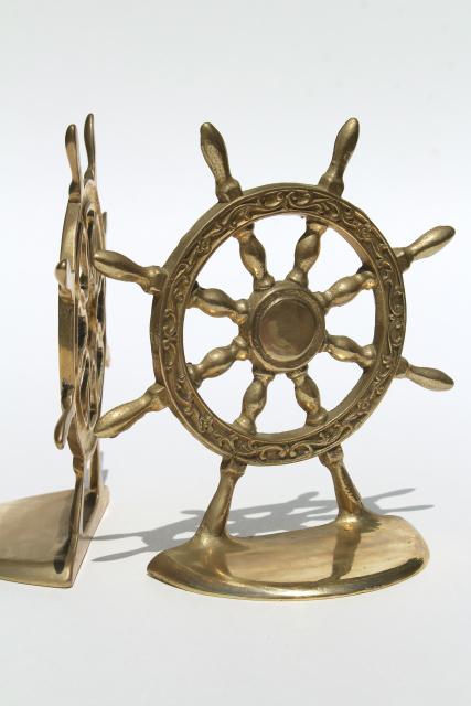 photo of vintage solid brass book ends, nautical marine ships wheel bookends #6