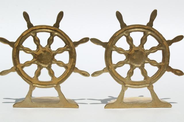 photo of vintage solid brass book ends, nautical marine ships wheel bookends #7