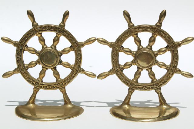 photo of vintage solid brass book ends, nautical marine ships wheel bookends #8