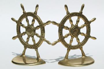 vintage solid brass book ends, nautical marine ships wheel bookends