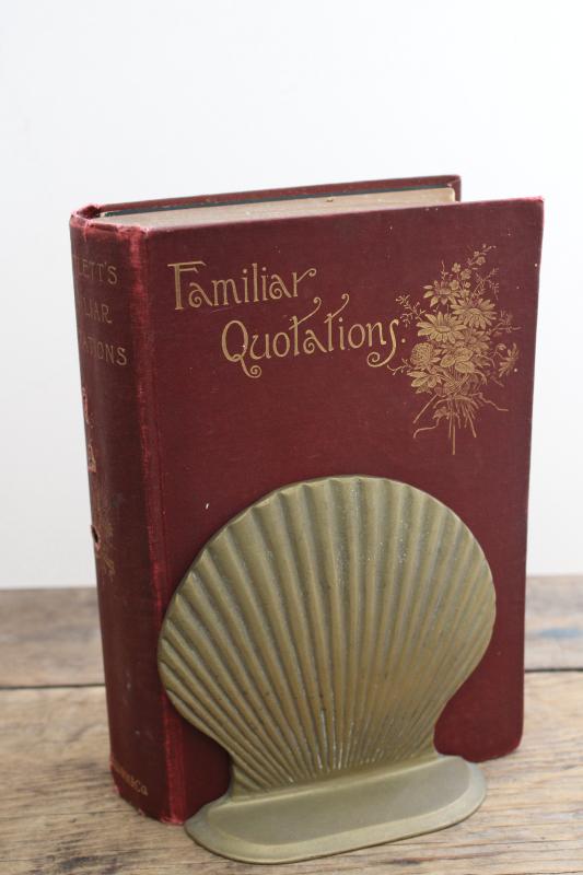 photo of vintage solid brass book ends w/ original label, scallop shell seashells shape #1