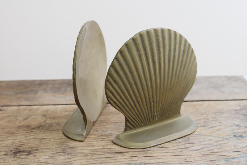 photo of vintage solid brass book ends w/ original label, scallop shell seashells shape #2