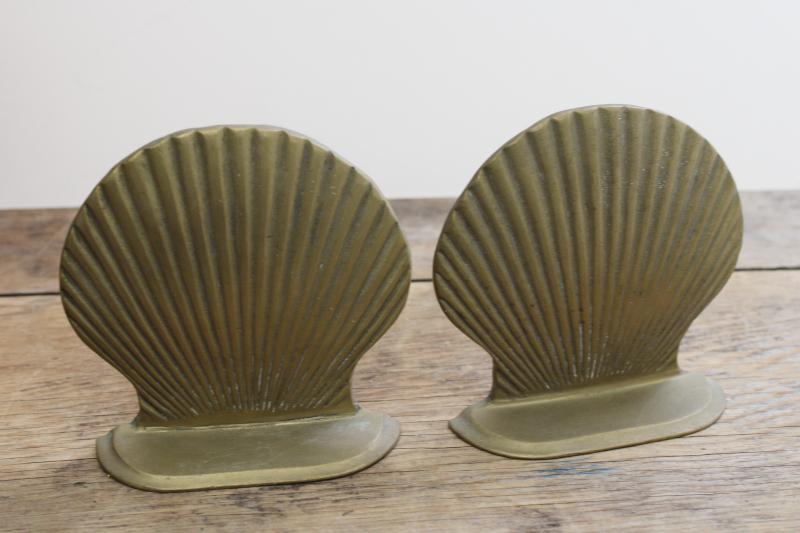 photo of vintage solid brass book ends w/ original label, scallop shell seashells shape #3