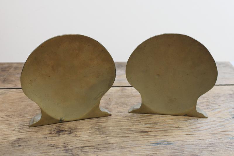 photo of vintage solid brass book ends w/ original label, scallop shell seashells shape #4