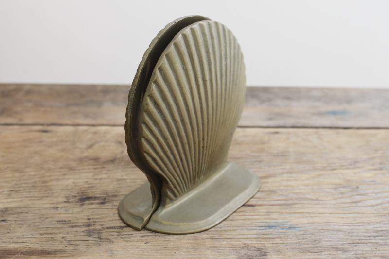 photo of vintage solid brass book ends w/ original label, scallop shell seashells shape #7