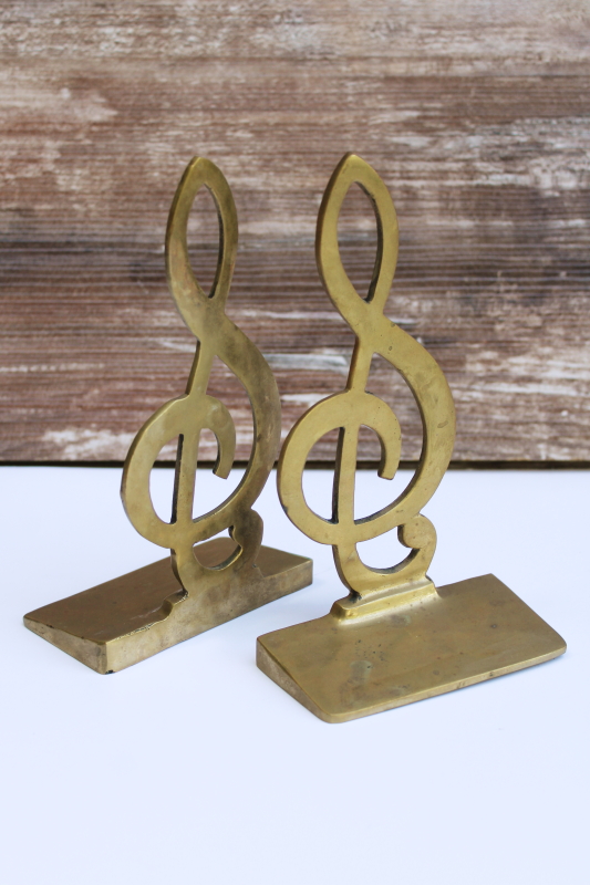 photo of vintage solid brass bookends treble clef music note, music theme library decor  #1