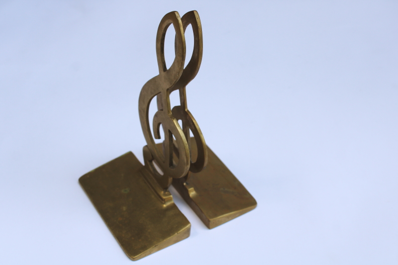 photo of vintage solid brass bookends treble clef music note, music theme library decor  #3