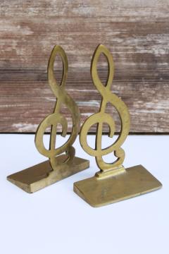 vintage solid brass bookends treble clef music note, music theme library decor 
