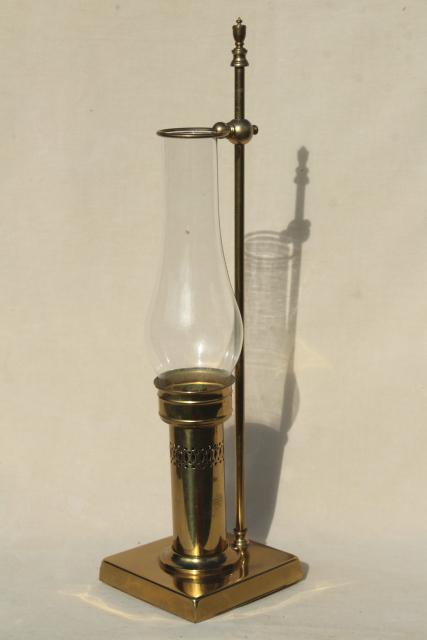 photo of vintage solid brass candle holder, farmhouse table or desk lamp w/ glass hurricane shade #1