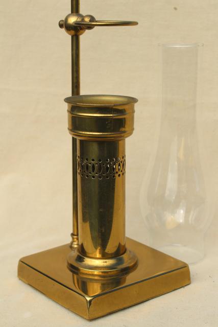 photo of vintage solid brass candle holder, farmhouse table or desk lamp w/ glass hurricane shade #6