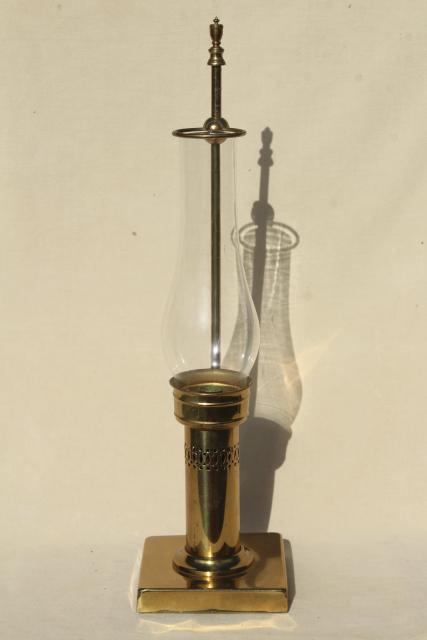 photo of vintage solid brass candle holder, farmhouse table or desk lamp w/ glass hurricane shade #7