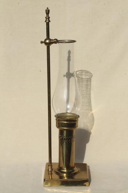 photo of vintage solid brass candle holder, farmhouse table or desk lamp w/ glass hurricane shade #8