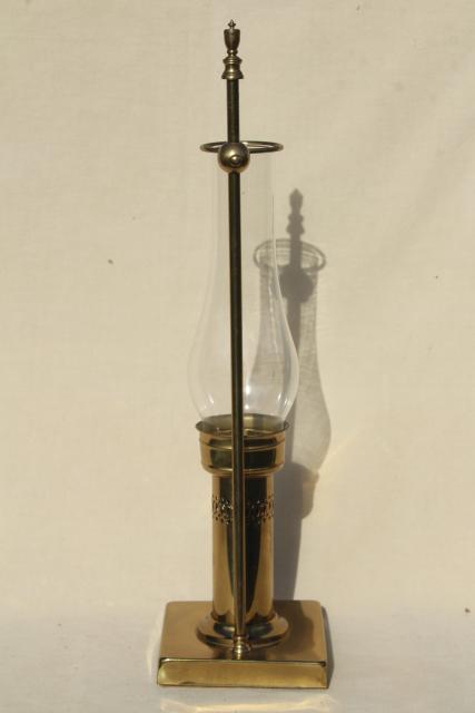 photo of vintage solid brass candle holder, farmhouse table or desk lamp w/ glass hurricane shade #9