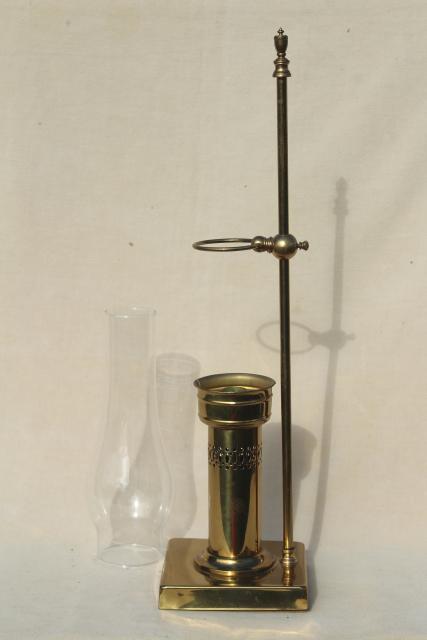 photo of vintage solid brass candle holder, farmhouse table or desk lamp w/ glass hurricane shade #10