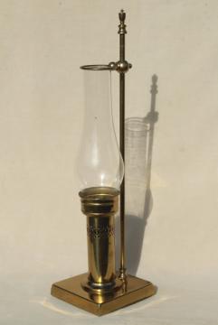 catalog photo of vintage solid brass candle holder, farmhouse table or desk lamp w/ glass hurricane shade