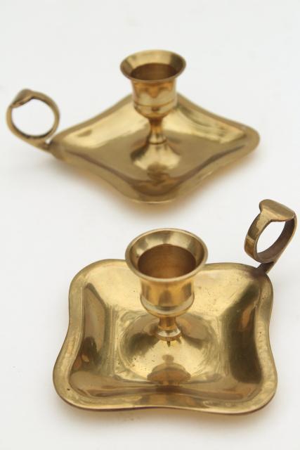 photo of vintage solid brass candle holders, finger ring chamber candlesticks pair #1