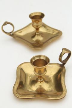 catalog photo of vintage solid brass candle holders, finger ring chamber candlesticks pair