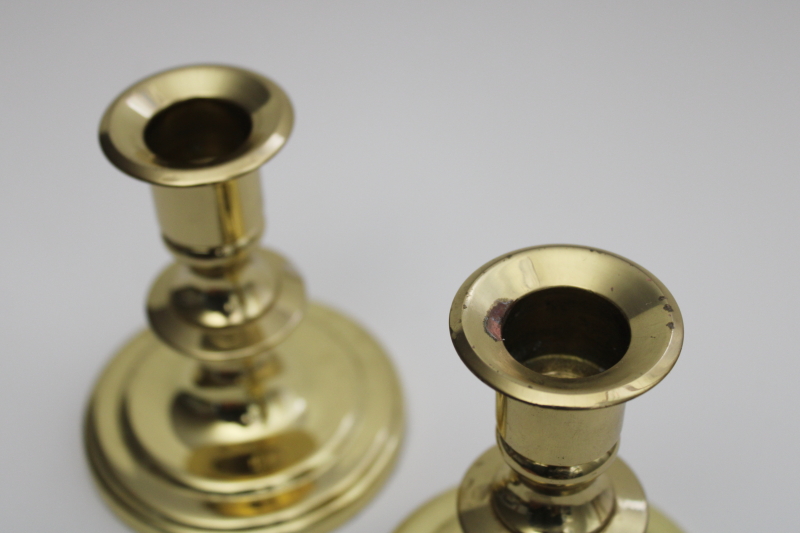 photo of vintage solid brass candlesticks, bright polished brass candle holders pair #2