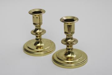 photo of vintage solid brass candlesticks, bright polished brass candle holders pair