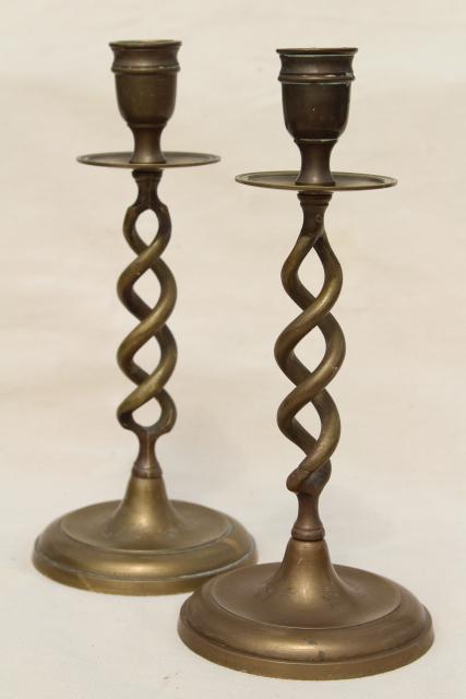 photo of vintage solid brass candlesticks, pair barley twist open spiral candle holders #1