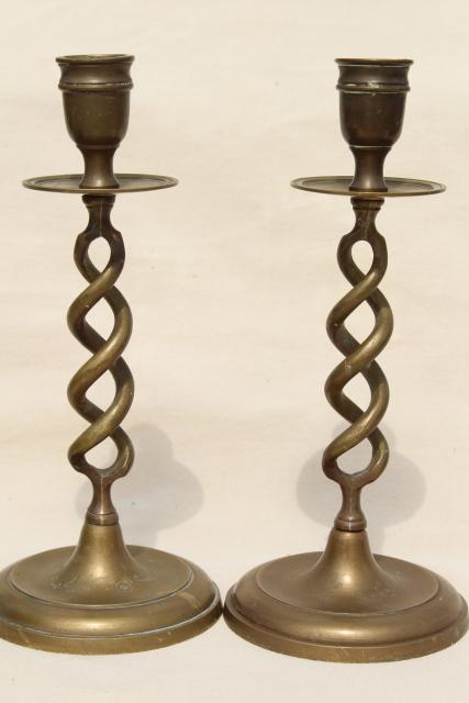 photo of vintage solid brass candlesticks, pair barley twist open spiral candle holders #2