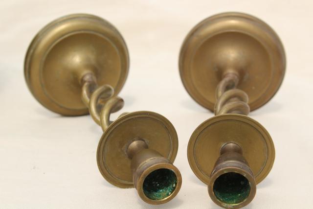 photo of vintage solid brass candlesticks, pair barley twist open spiral candle holders #4