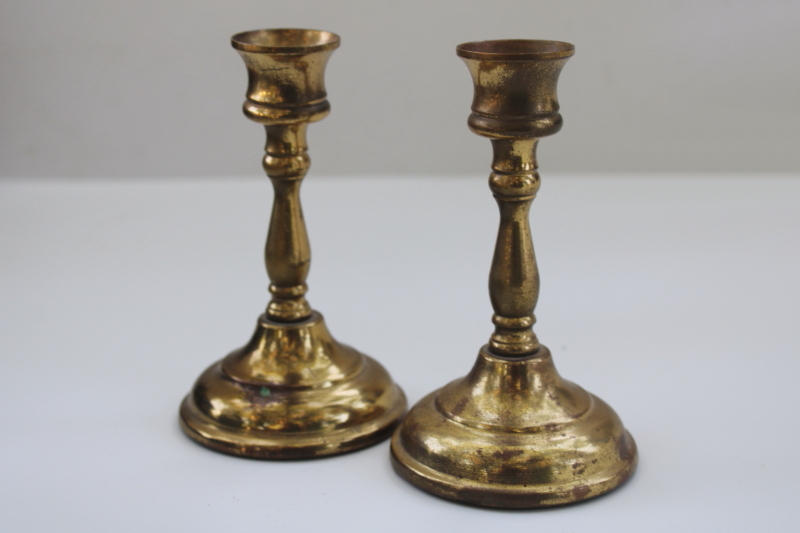 photo of vintage solid brass candlesticks pair, worn weathered tarnished patina candle holders #1