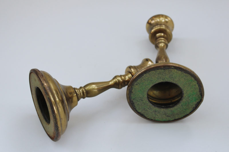 photo of vintage solid brass candlesticks pair, worn weathered tarnished patina candle holders #3