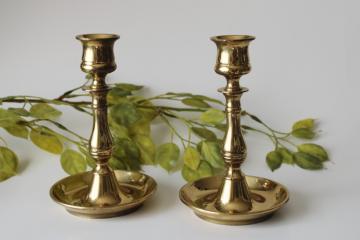 catalog photo of vintage solid brass candlesticks, polished brass candle holders made in England 