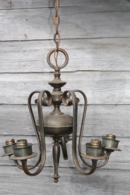 photo of vintage solid brass chandelier w/ tarnished patina, old five lamp hanging light for restoration #1