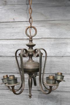 catalog photo of vintage solid brass chandelier w/ tarnished patina, old five lamp hanging light for restoration