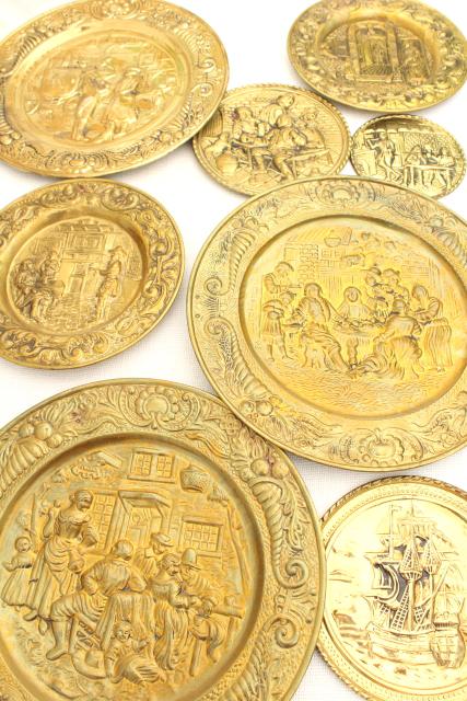 photo of vintage solid brass chargers & plates, old English wrought brass wall hanging art pieces  #1