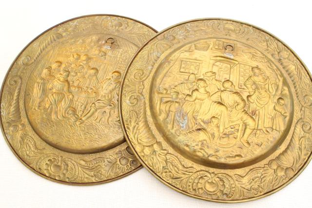 photo of vintage solid brass chargers & plates, old English wrought brass wall hanging art pieces  #9