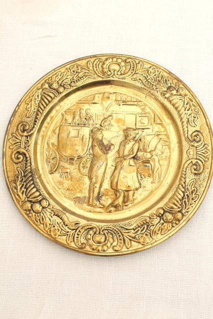 photo of vintage solid brass chargers & plates, old English wrought brass wall hanging art pieces  #10