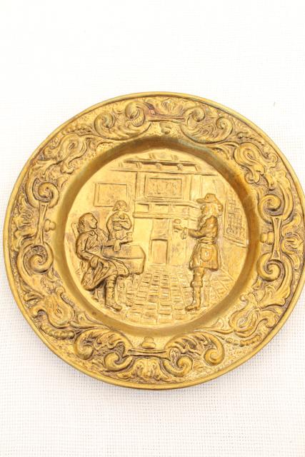 photo of vintage solid brass chargers & plates, old English wrought brass wall hanging art pieces  #13