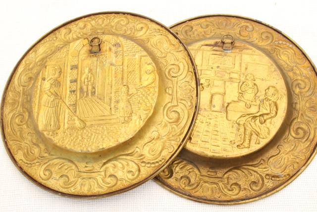 photo of vintage solid brass chargers & plates, old English wrought brass wall hanging art pieces  #14