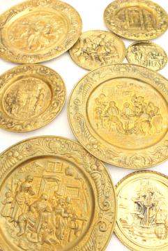 catalog photo of vintage solid brass chargers & plates, old English wrought brass wall hanging art pieces 