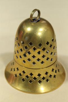 catalog photo of vintage solid brass cloche bell shaped candle holder or incense burner