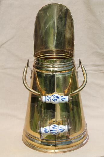 photo of vintage solid brass coal scuttle made in Holland w/ blue & white delft china handles #3