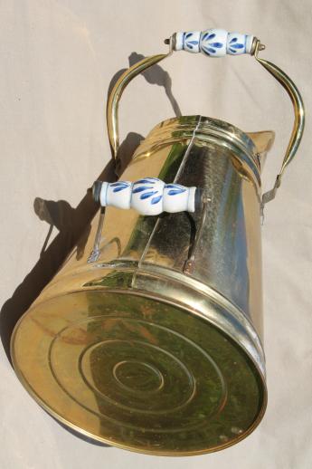 photo of vintage solid brass coal scuttle made in Holland w/ blue & white delft china handles #4