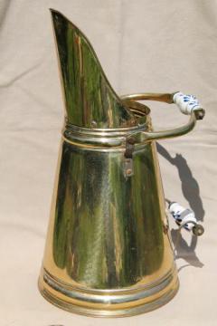 catalog photo of vintage solid brass coal scuttle made in Holland w/ blue & white delft china handles